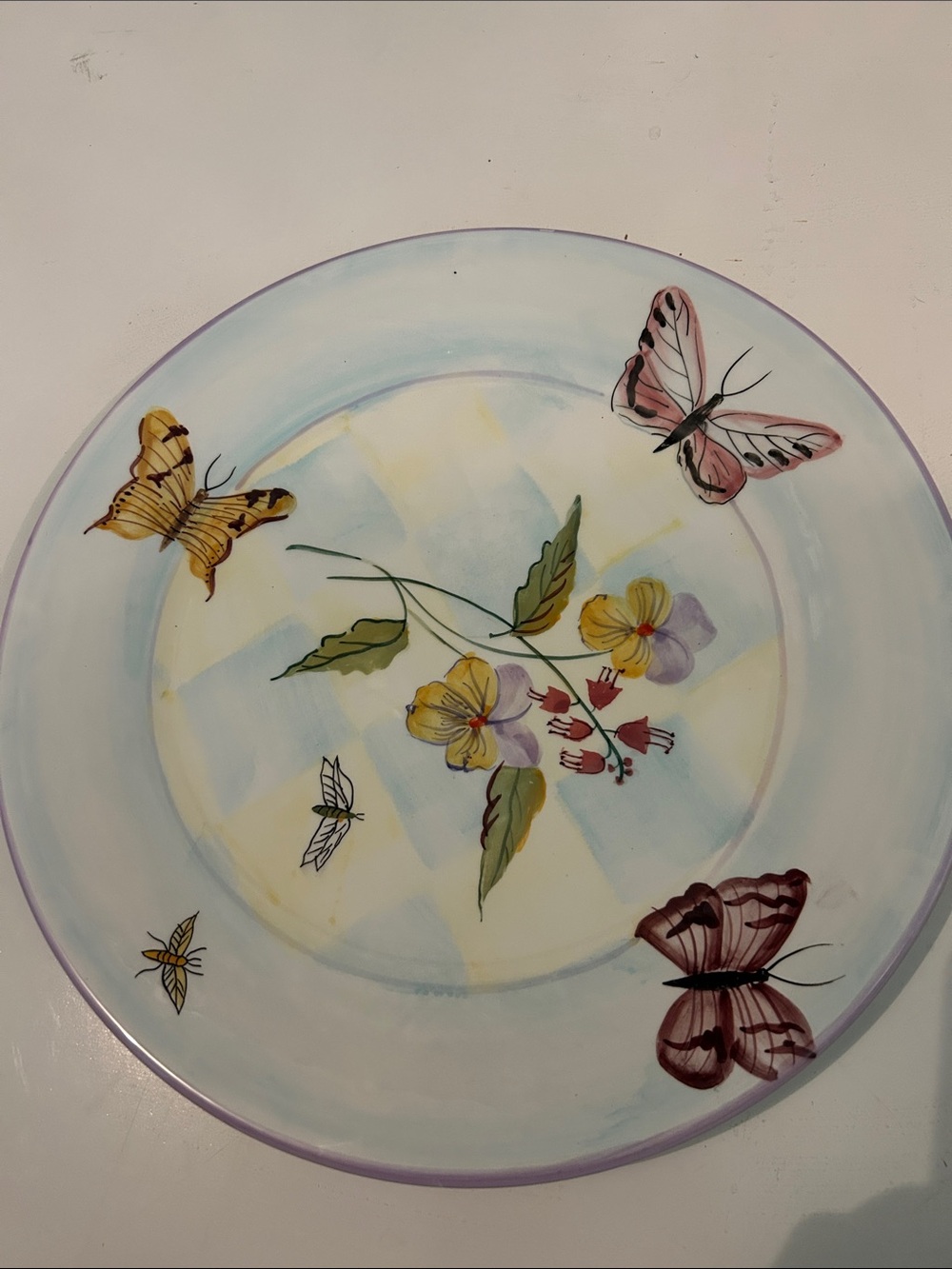 ZRIKE Butterfly Floral Decorative Plate in Pastel Blue and Lavender